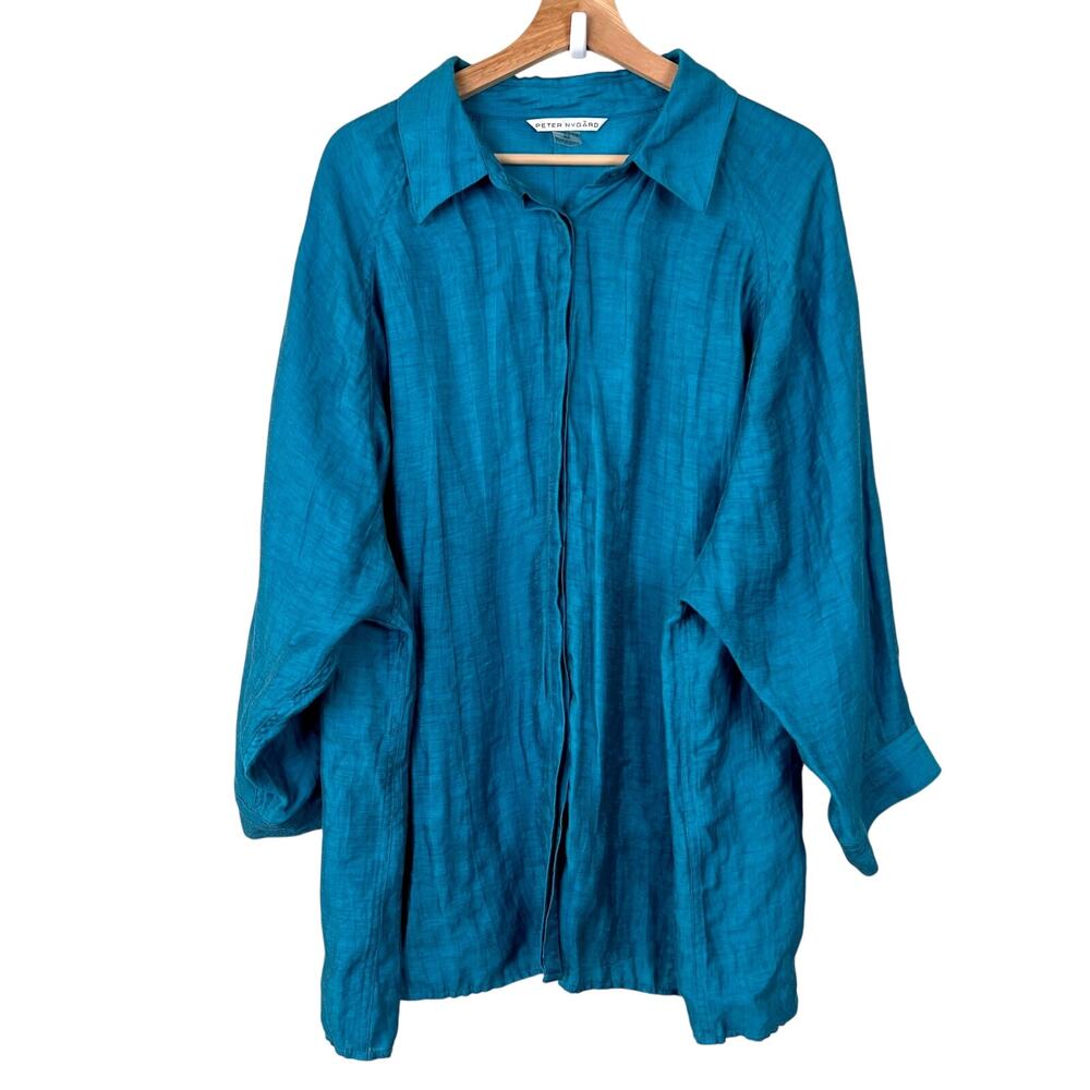 Peter Nygard Womens Size 22 Linen Blend Turquoise Blue Long Sleeve Button Up Top